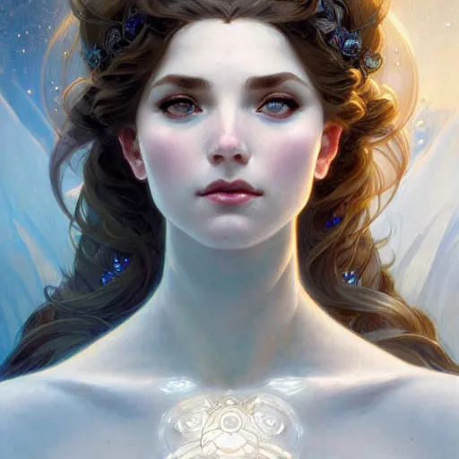 Image similar to portrait of a goddess of ice and earth, half body, perfect face, d & d, fantasy, intricate, elegant, highly detailed, digital painting, artstation, concept art, smooth, sharp focus, illustration, art by artgerm and greg rutkowski and alphonse mucha