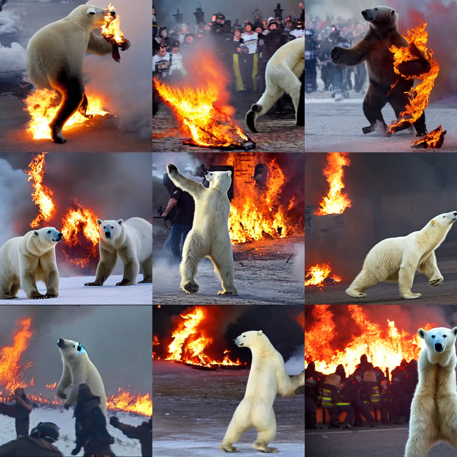 Prompt: polar bear throwing a flaming bottle at a riot, lots of fire, photo