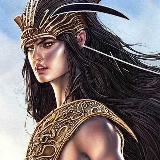 Prompt: greek amazon warrior, a tall beautiful woman with bronzed skin and long raven hair, dressed in hellenistic body armour, intricate, elegant, highly detailed, smooth, sharp focus, detailed face, high contrast, graphic novel, art by ardian syaf,