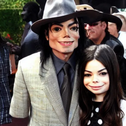 Image similar to michael jackson takes a picture with miranda cosgrove ,photorealism