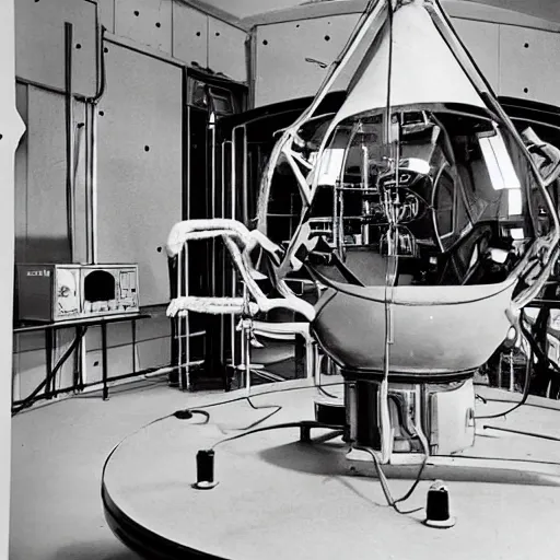 Prompt: interior of alien laboratory with strange device at the center of a room, color photograph