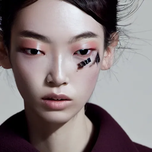 Image similar to a muted colors natural make-up portrait Photograph of a Japanese model, editorial story, Vogue France, editorial photographer by Peter Gehrke