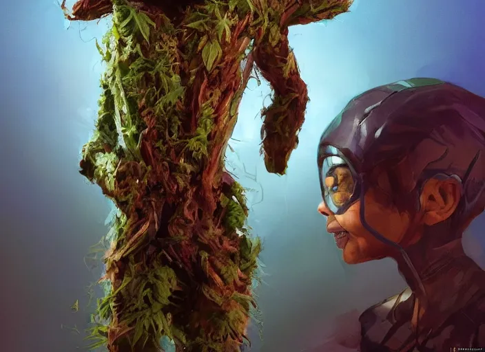 Image similar to duotone concept illustration 3 / 4 portrait of baby face consisting of marijuana, baby groot, cannabis!, cinematic volumentric lighting, jim cheung, david marquez, mike deodato jr, ilya kuvshinov, makoto shinka, behance hd by jesper ejsing, by rhads, hyper detailed, octane render, concept art, artstation