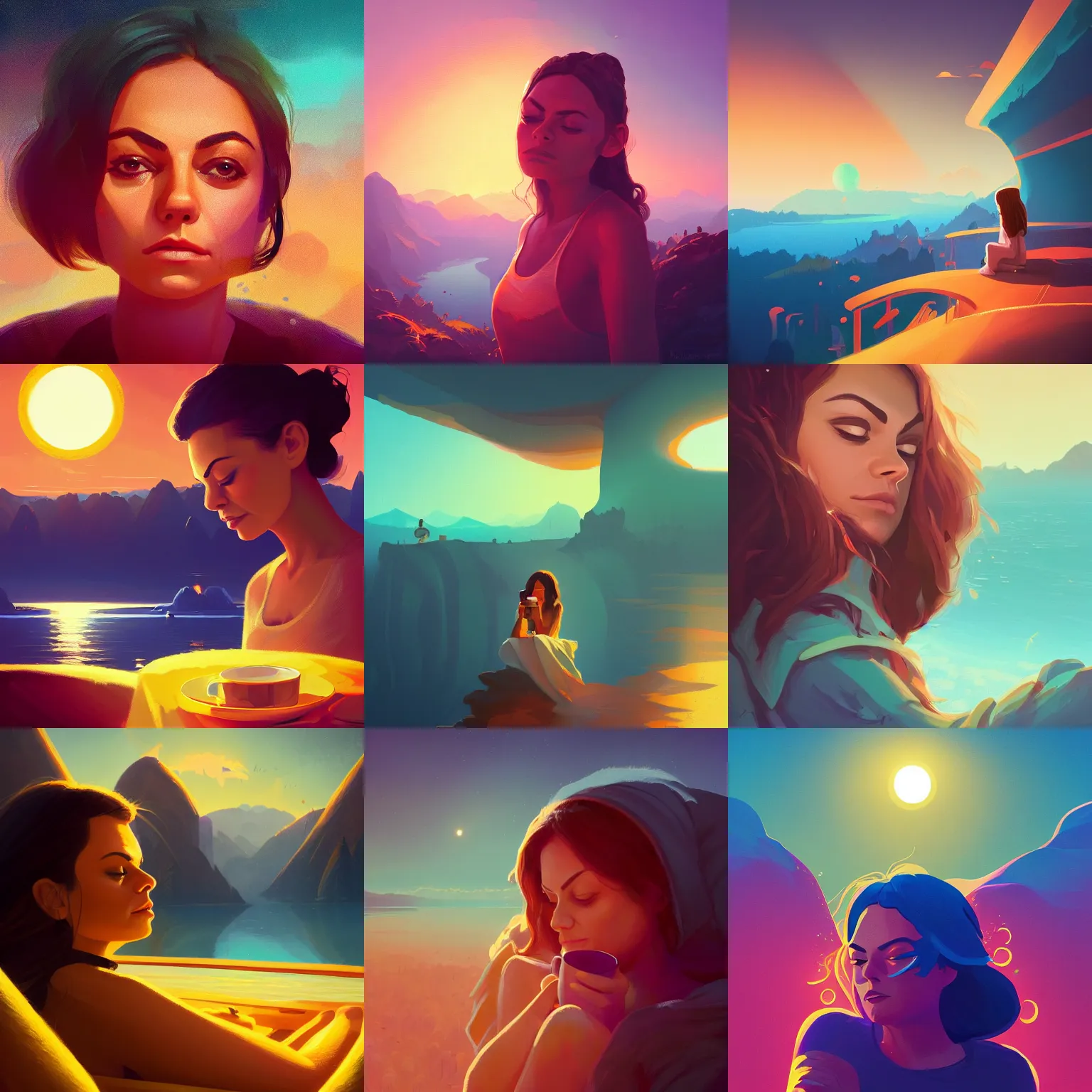 Image similar to close - up portrait of sleepy mila kunis, morning golden hour, steaming coffee, mystical lake view vista, anton fadeev, paul lehr, rhads, alena aenami