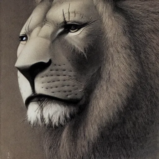Prompt: morph of four faces : man, lion, eagle, bull. drawn by zdzislaw beksinski