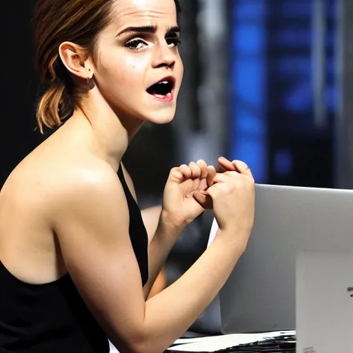 Prompt: emma watson angrily smashing a computer. photo.