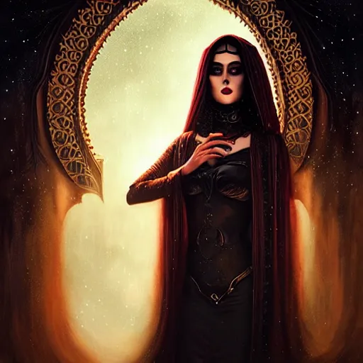 Image similar to Portrait of a riveting Arabic vampire woman!, atmospheric lighting, gothic makeup, intricate, oasis!, volumetric lighting, beautiful, starlit sky, sharp focus, ultra-detailed, by Tom Bagshaw Leesha Hannigan, Ross Tran, Thierry Doizon, Kai Carpenter, Ignacio Fernández Ríos