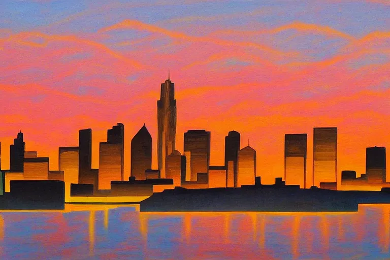 Prompt: winnipeg skyline, sunset, painting by ay jackson, group of seven, 4 k
