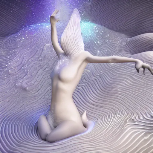 Image similar to 3 d fluid simulation render, octane render, xparticles, white colors, female bodies, female body covered in white blanket, white carved abstract sculpture, amethyst mineral quartz, swirly curls, abstract white fluid, golden edges and fractals