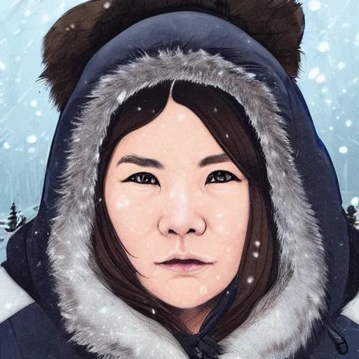 Image similar to portrait of emma an inuit in her 3 0 s with dark hair and chubby cheeks dressed in a winter parka, detailed face, smooth, sharp focus, graphic novel, art by artgerm and greg rutkowski and pepe larraz,