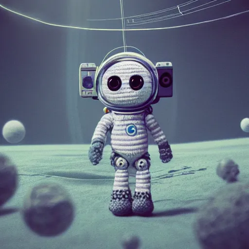 Image similar to cute robot crochet astronaut traveling alone on a yarn planet. shot from behind, cute, illustration, digital art, inspired by little big planet, by greg rutkowski, detailed, sharp, masterpiece, highly detailed, photorealistic, octane render, 8 k, unreal engine 5, trending on artstation, cinematic