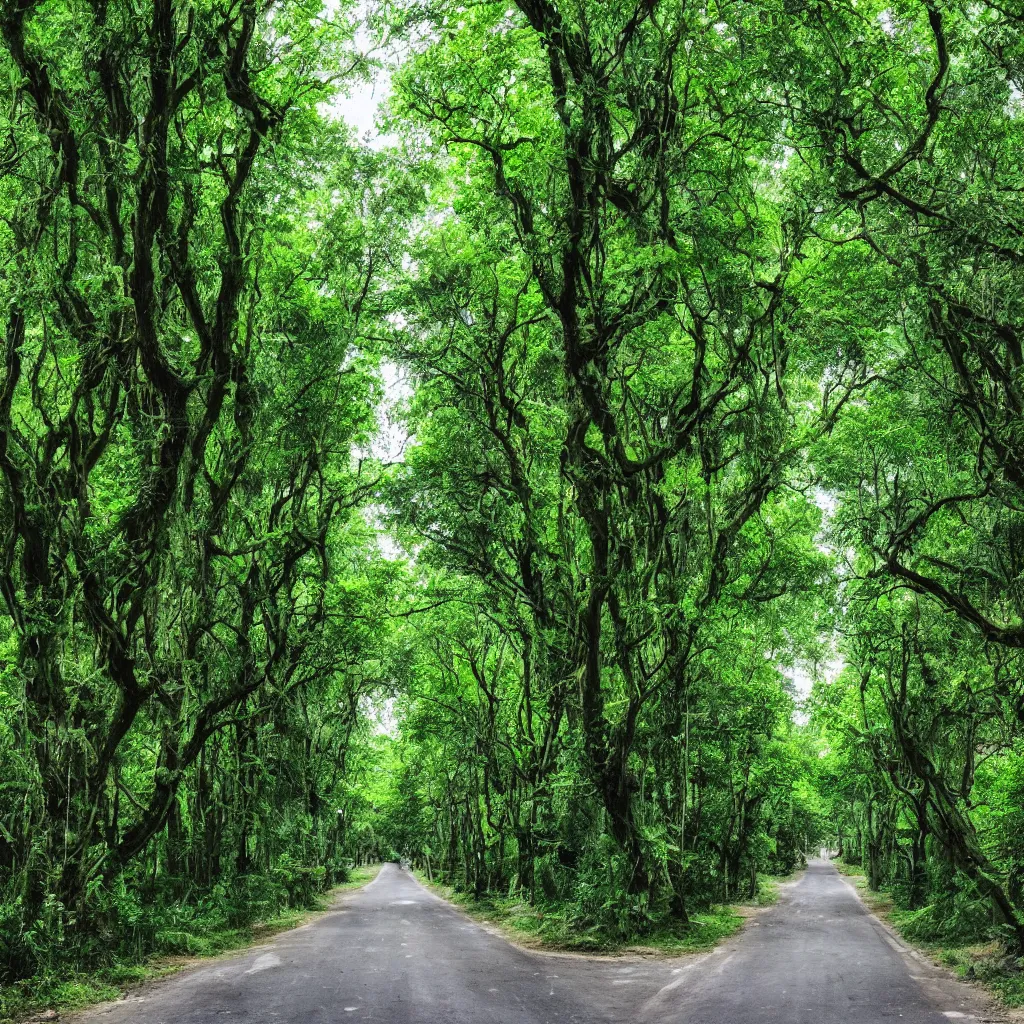 Image similar to a street overgrown with a lush forest