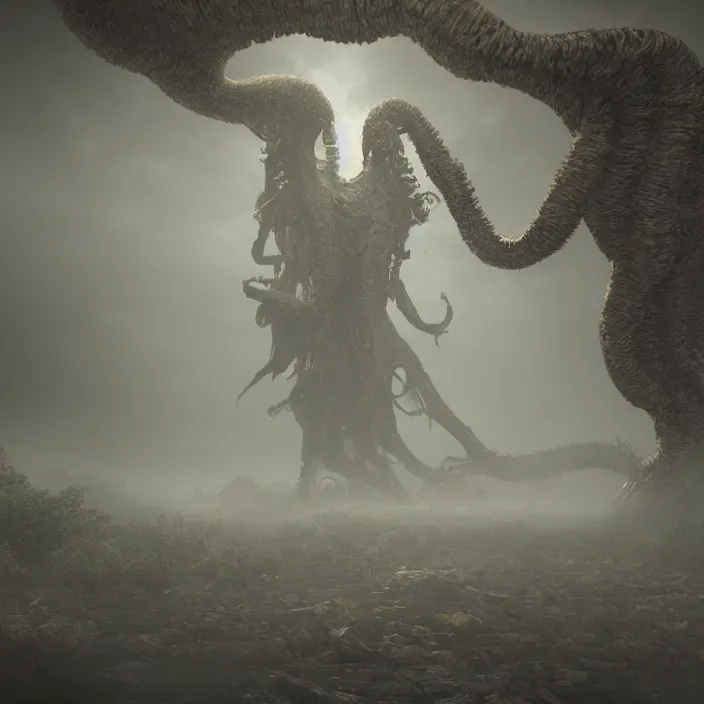 Image similar to a lovecraftian monster emerges out of the clouds, volumetric lighting, fog, atmospheric, high resolution, rendering, octane, redshift