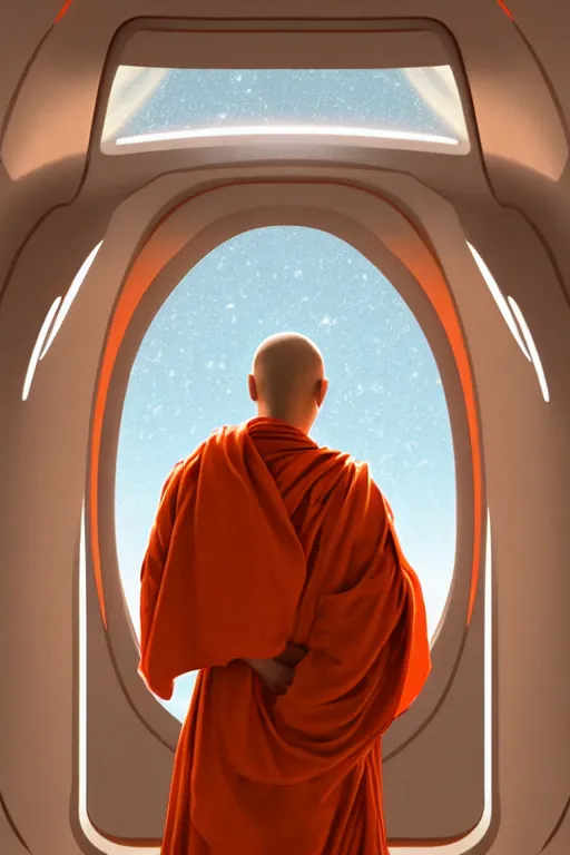 Image similar to portrait of a monk in a spaceship, looking out of a round window at nebula, orange robe, dramatic lighting, artstation, matte painting, ralph mcquarrie