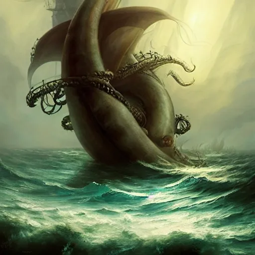 Prompt: A kraken-sea-monster attacking a 17th century Ship-of-the-line from the stormy ocean depths, atmospheric, dramatic, concept art by Peter Mohrbacher