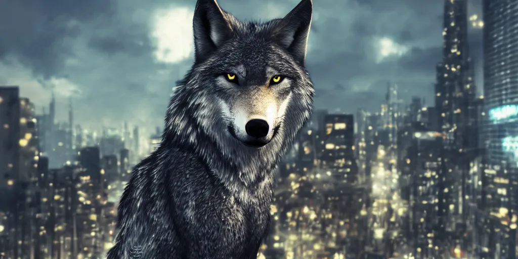 Prompt: an anthro! wolf with a black jacket, photorealistic uhd 8k, anime, city background, wistful, bokeh, artstation, unreal render