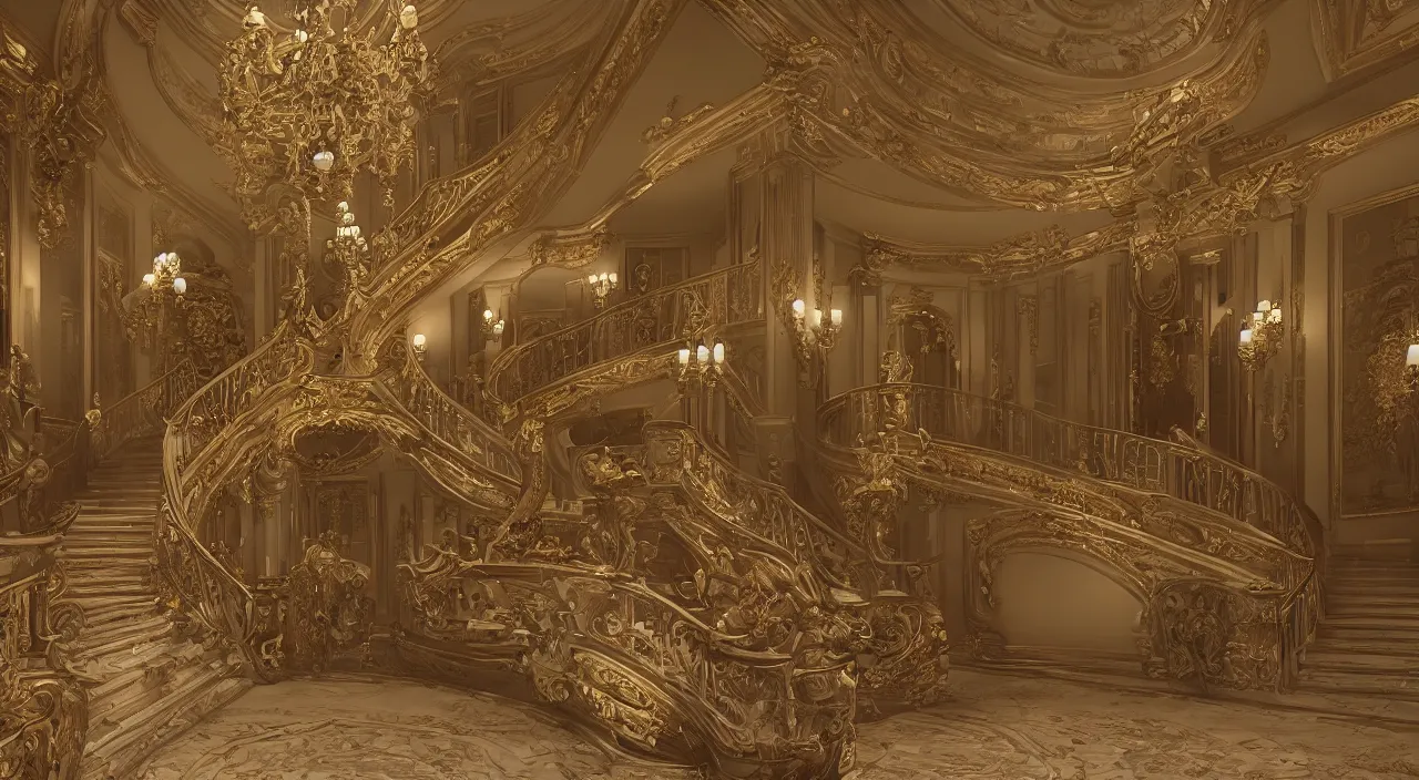 Image similar to a view of the inside of a mansion with a grand staircase in the center, intricate, elegant, highly detailed, ornate, beautifully lit, ray traced, octane render