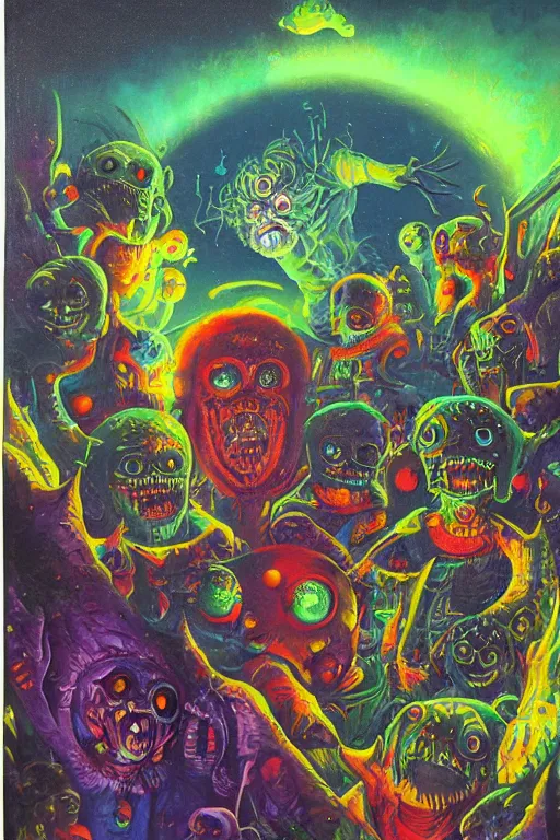 Image similar to horror mutants by jack vance, mike mignogna, lisa frank, paul lehr, highly detailed, vintage dark sci fi, oil painting