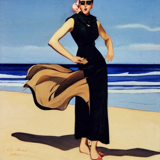 Prompt: woman in black dress in the middle of the beach, fashion art, leyendecker style