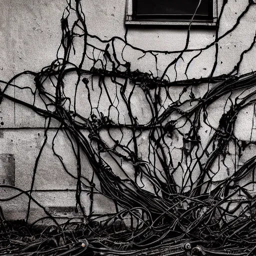 Image similar to a dark occult ritual of wires skin and decay, moody, hyperrealism, 8 k photo, atmospheric