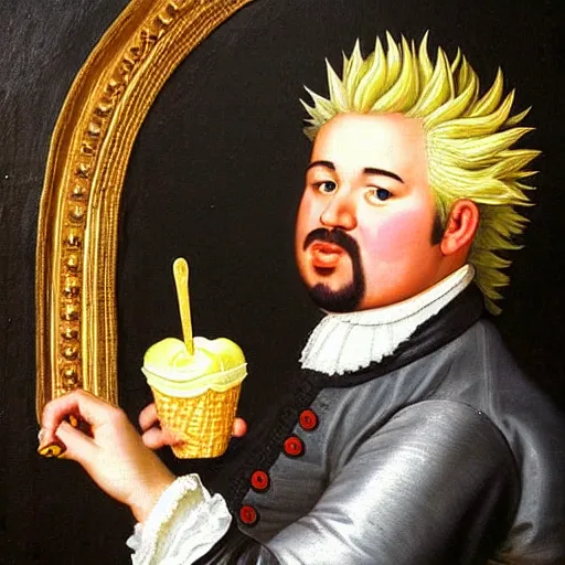 Prompt: a 1 6 0 0 s portrait painting of guy fieri holding an ice cream cone, intricate, elegant, highly detailed