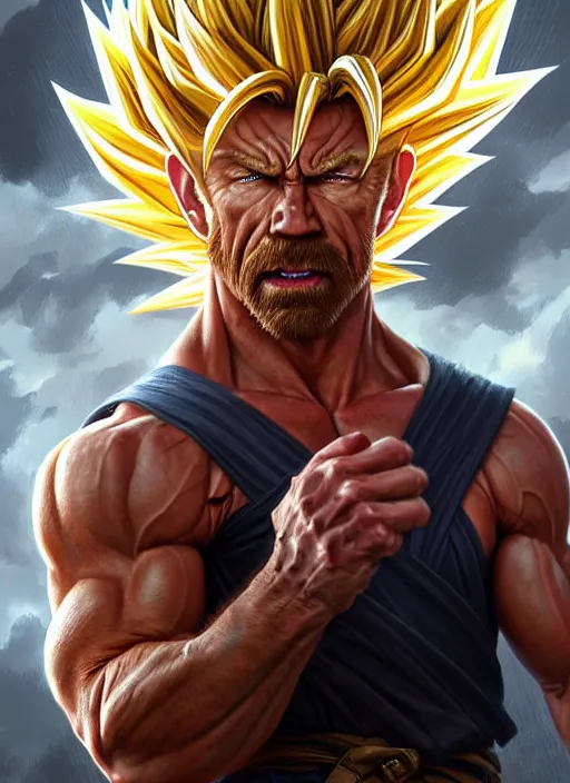 Image similar to portrait of aggressive chuck norris going super saiyan, d & d, muscular! storm! fantasy, intricate, elegant, highly detailed, digital painting, artstation, concept art, smooth, sharp focus, illustration, art by artgerm and greg rutkowski and alphonse mucha