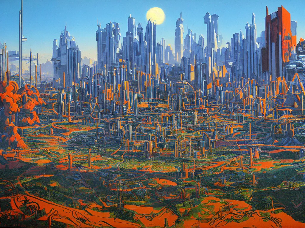 Prompt: graphic, landscape guache painting future utopia city by james gurney