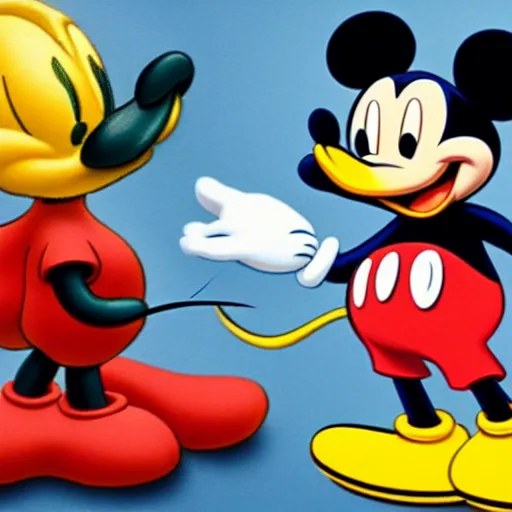 Prompt: Mickey mouse eating a duck while donald duck watches