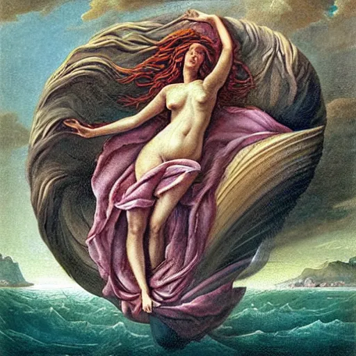 Image similar to The print depicts the moment when the goddess Venus is born from the sea. She is shown standing on a giant clam shell, with her long, flowing hair blowing in the wind. The print is full of light and color, and Venus looks like she is about to step into a beautiful, bright future. renaissance painting by Wayne Barlowe gloomy