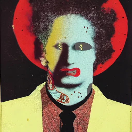 Prompt: chris morris, portrait, mixed media, by tadanori yokoo