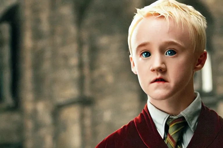 Image similar to film still Haley Joel Osment as Draco Malfoy wearing hogwarts uniform in Harry Potter movie