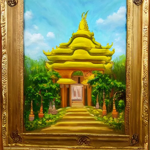 Prompt: oil painting of temple in jungle