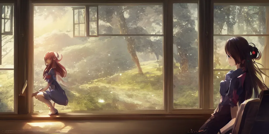 Prompt: a beautiful anime-style digital concept painting of a young woman studying alone in front of a window with a view of a fantasy world, by Stanley Artgerm Lau, WLOP, Rossdraws, LeraPi, and Sakimichan, trending on artstation