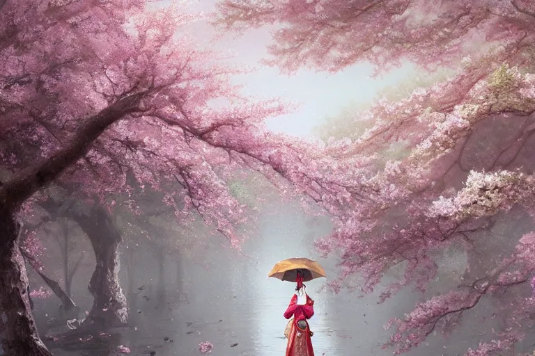 Prompt: a beautiful picture of rainy day, sakura in full bloom, palace ， a girl in hanfu holding a umbrella, by greg rutkowski and thomas kinkade, trending on artstation