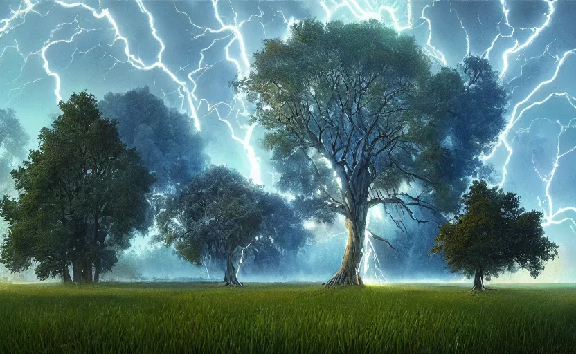 Image similar to lightning strikes a tree in the middle of a field, fantastic landscape, hyperrealism, no blur, 4k resolution, ultra detailed, style of Anton Fadeev, Ivan Shishkin, John Berkey