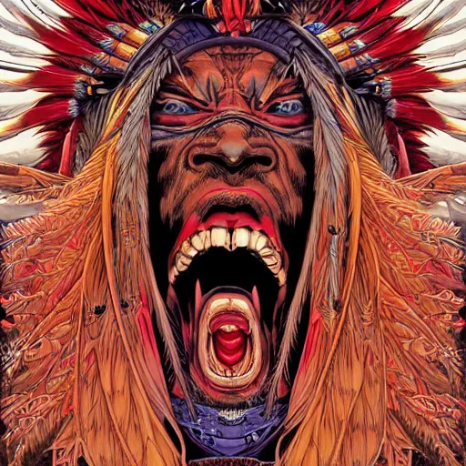 Prompt: portrait of crazy screaming native american, symmetrical, cinematic colors, by yoichi hatakenaka, masamune shirow, josan gonzales and dan mumford, ayami kojima, takato yamamoto, barclay shaw, karol bak, yukito kishiro