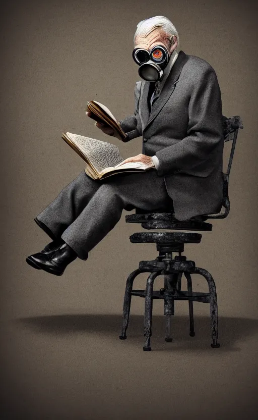 Image similar to old, man, work, vintage suit, sittin, chair, book, gasmask, do, what, we, can, then, leave, it, to, god, non fiction, stability, intricate, elegant, 8 k, uhd, justify, artstation, concept art, matte, sharp focus, illustration, consistent, one object content, proportional content