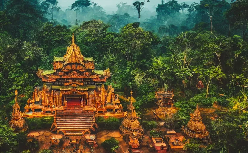 Image similar to a huge magical temple in the middle of a jungle, epic lighting