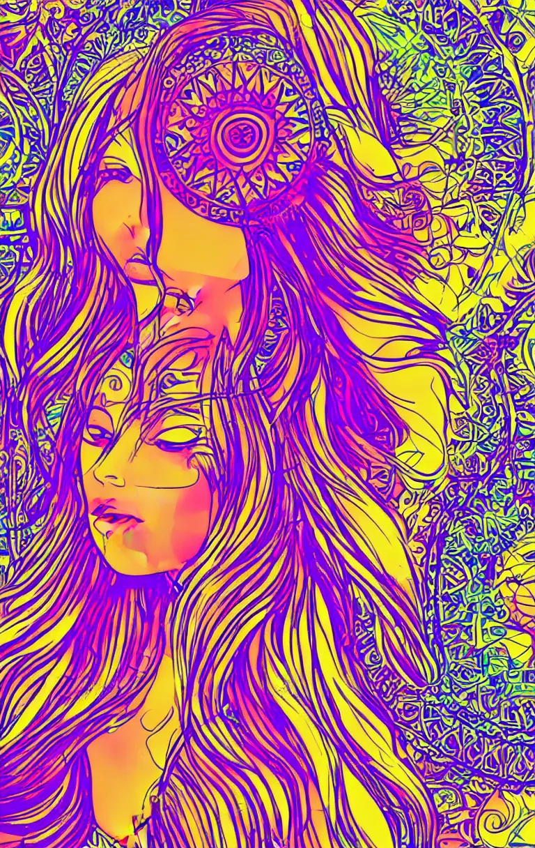 Image similar to beautiful hippie girl illustration, closeup in bikini over psychedelic sacred geometry hallucination