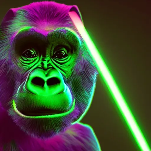 Image similar to photo of a purple gorilla using a green light saber in the desert