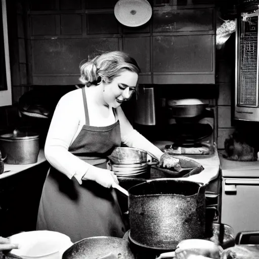 Prompt: Adele cooking chicken at a black kitchen, black and white historical picture, good quality