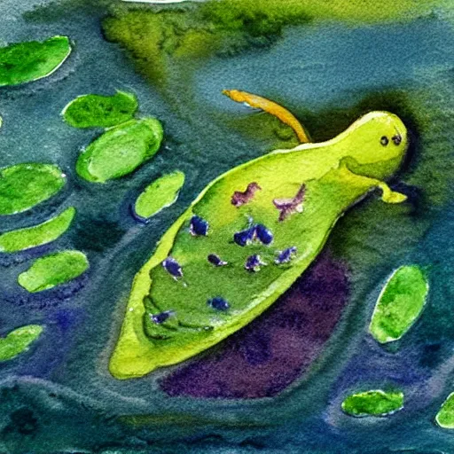 Image similar to watercolor painting of tadpole in a pond