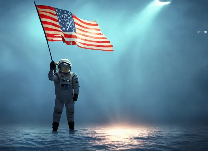 Image similar to astronaut holding a flag in an underwater desert. a submarine is visible in the distance. dark, concept art, cinematic, dramatic, atmospheric, 8 k, trending on artstation, blue, fish, low visibility, light rays, extremely coherent, bubbles, fog, ocean floor, christopher nolan, interstellar