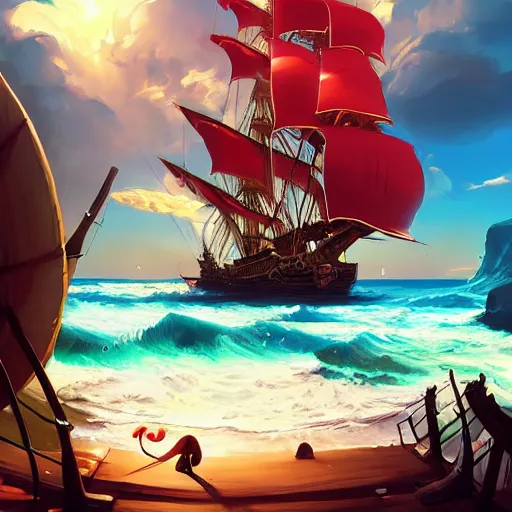 Image similar to sunny's pirate ship from one piece, cgsociety, fantasy art, 2 d game art, concept art, heavenly lighting, retrowave, behance hd, concept art by jesper ejsing, by rhads, makoto shinkai cyril rolando, madgwick