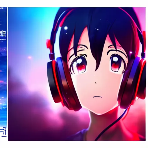 Prompt: an anime music producer with headphones on, official art, key visual, studio lightning, very detailed bd cover, Kimi no Na Wa, hyperrealistic, artstation, caustics, trending on Artstation, 8K, octane renderer, rtx on