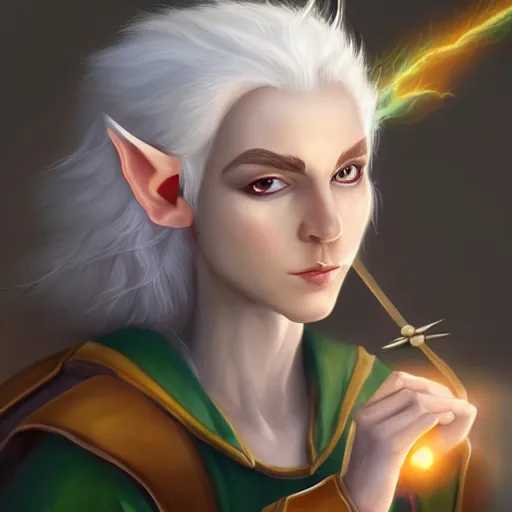 Image similar to Beautiful white haired aged fair skinned scholar elf with spell scroll and lightning background, realism, digital painting, detailed artwork, portrait, mythical, artstation