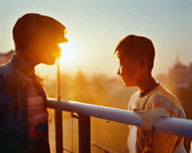 Image similar to lomo photo of pair standing on small hrushevka balcony full with cigarette smoke in small russian town looking at sunset, cinestill, bokeh