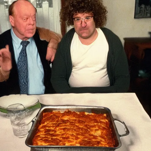 Prompt: fat orange tabby cat next to curly haired man and lasagna on table, jim davis