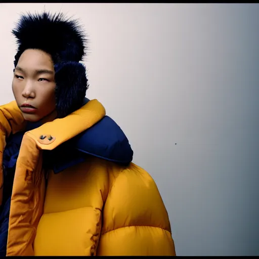 Image similar to realistic photoshooting for a new balenciaga lookbook, color film photography, portrait of a blonde asian woman, model wearing a puffer jacket, photo in style of tyler mitchell, 3 5 mm,