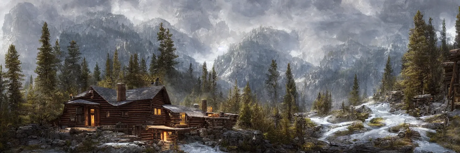 Prompt: a cozy cabin on the side of a mountain in yellowstone, 8k, james gurney, greg rutkowski, john howe, artstation